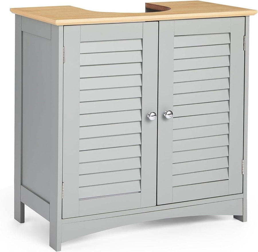 Grey Under Sink Bathroom Cabinet w/ Oak Top | 60cm Cupboard, Shutter Doors