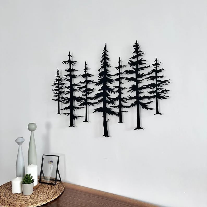 Forest Metal Wall Art Pine Tree Sculpture 60x42cm Black