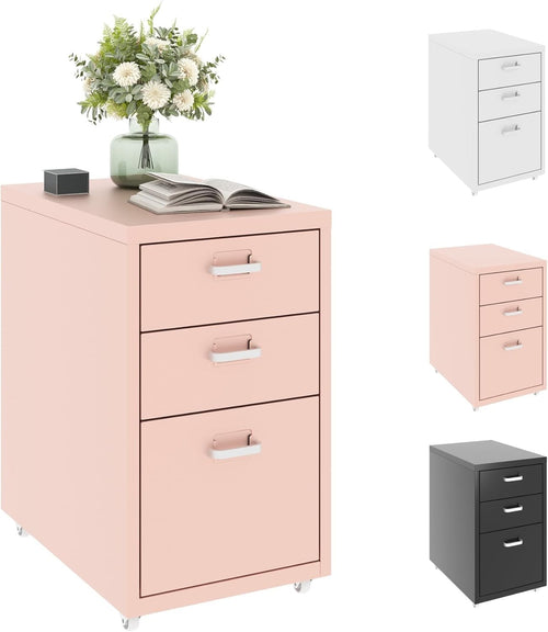 Pink Mobile Filing Cabinet 3 Drawer A4 Under Desk Office Storage