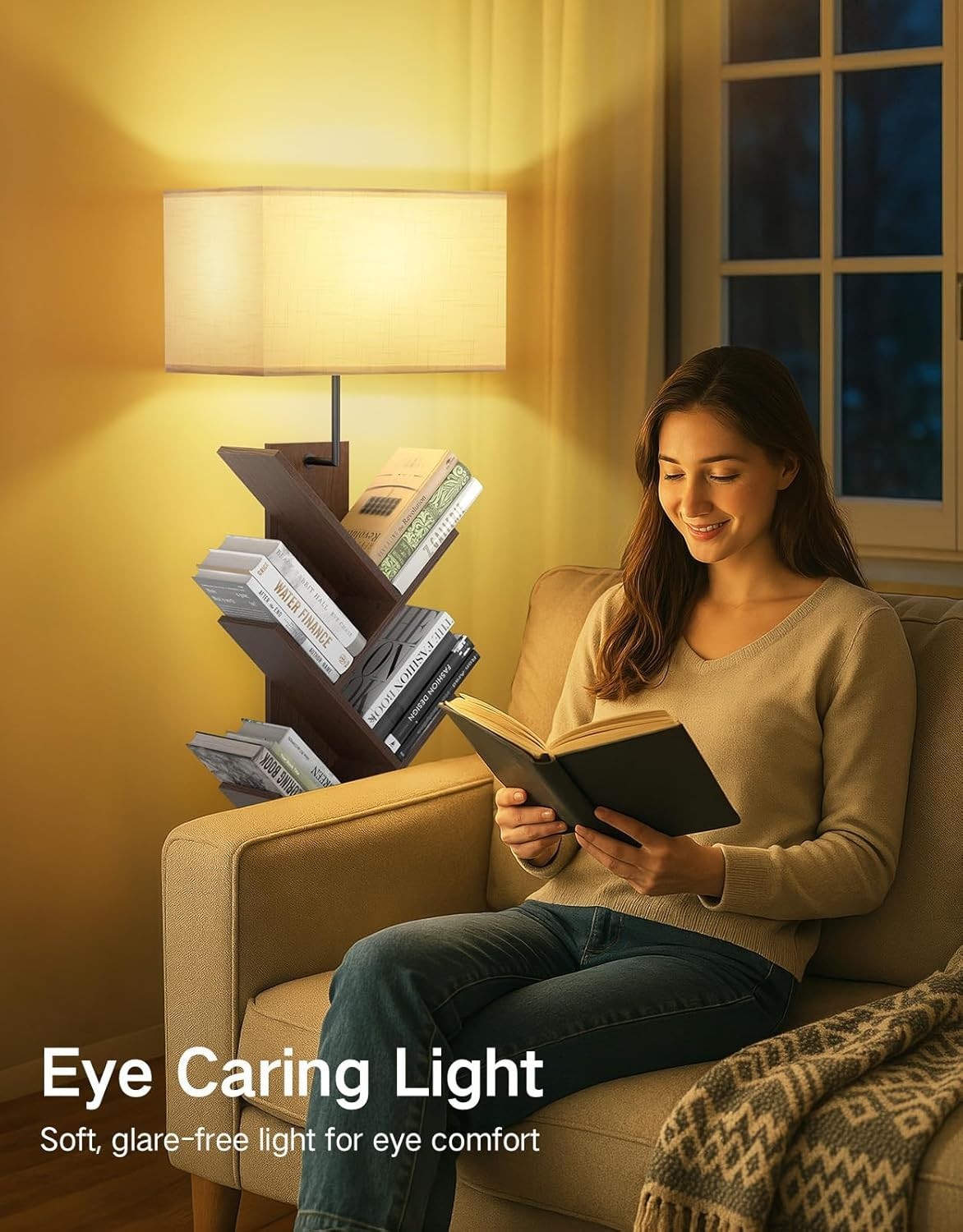 9 Tier Tree Bookshelf with LED Lamp Remote Walnut  Tall Narrow Shelf