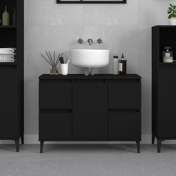 Black Under Sink Bathroom Cabinet 80cm Modern Vanity Unit with Drawers & Door