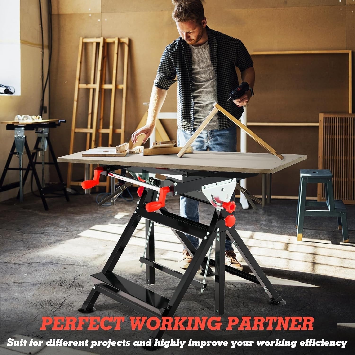 Red Folding Adjustable Workbench Tiltable Table 7-Height Portable 75x60
