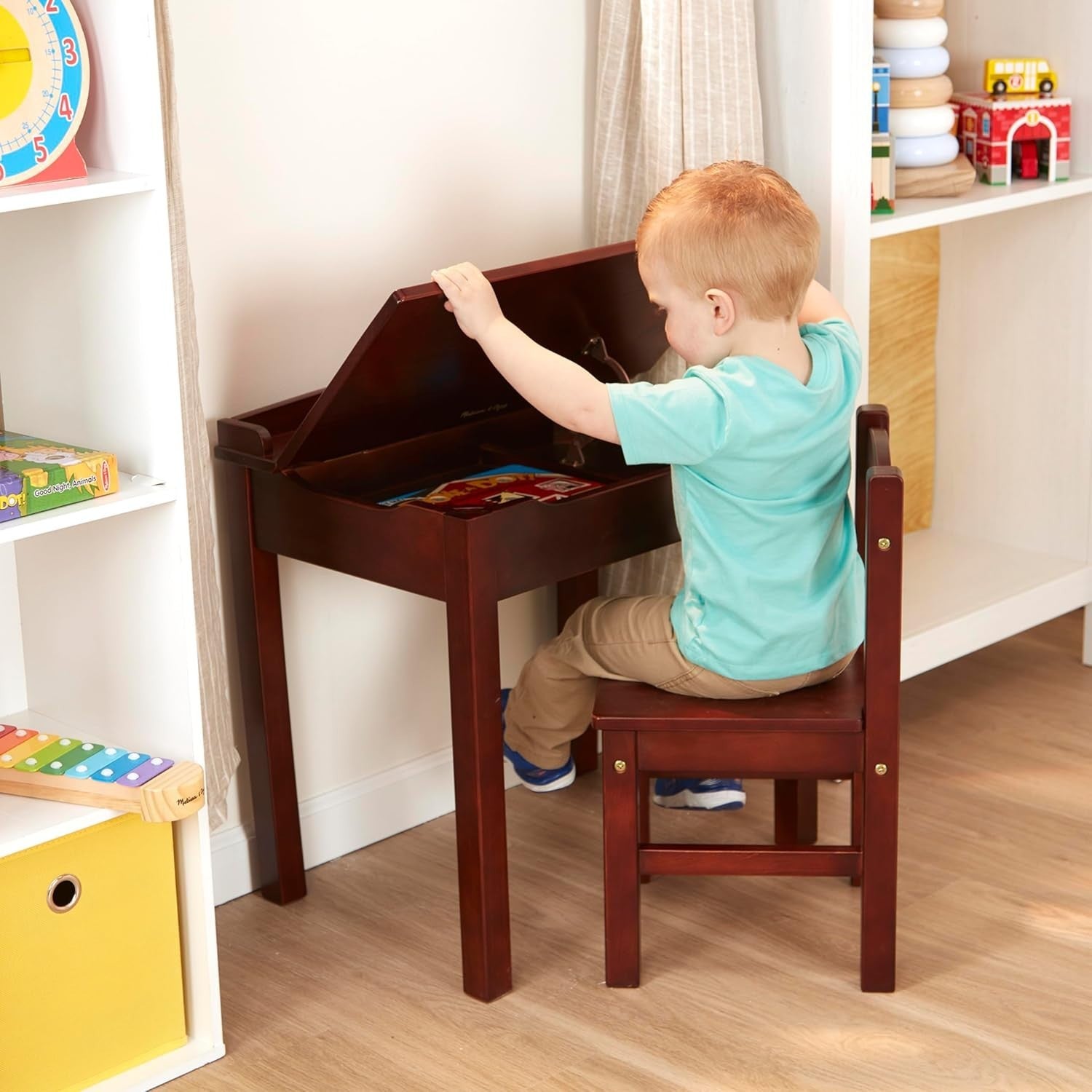Kids Wooden Lift-Top Desk & Chair Set, Espresso, Compact 30.5x57cm