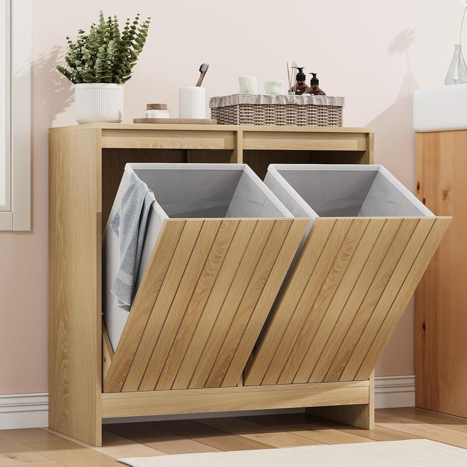Double Tilt Out Laundry Cabinet with 2 Baskets Wooden Bathroom Storage