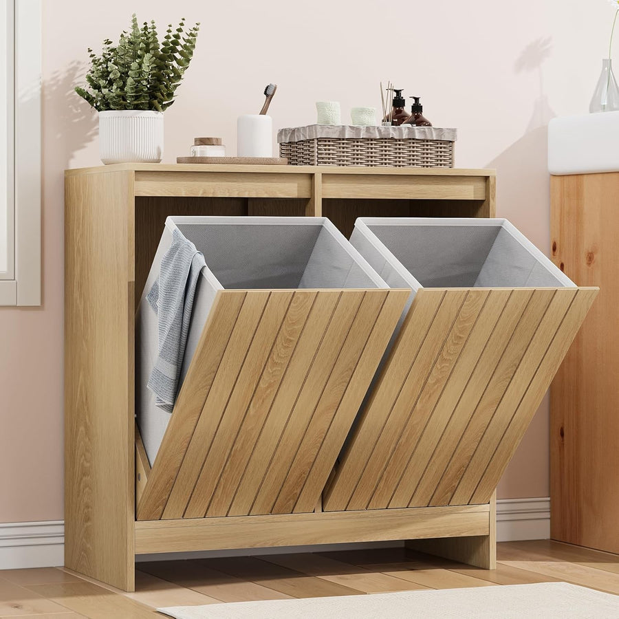 Double Tilt Out Laundry Cabinet with 2 Baskets Wooden Bathroom Storage