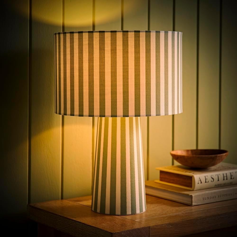 Green Cream Stripe Table Lamp Retro Fabric Drum Shade LED Ready E27 Light