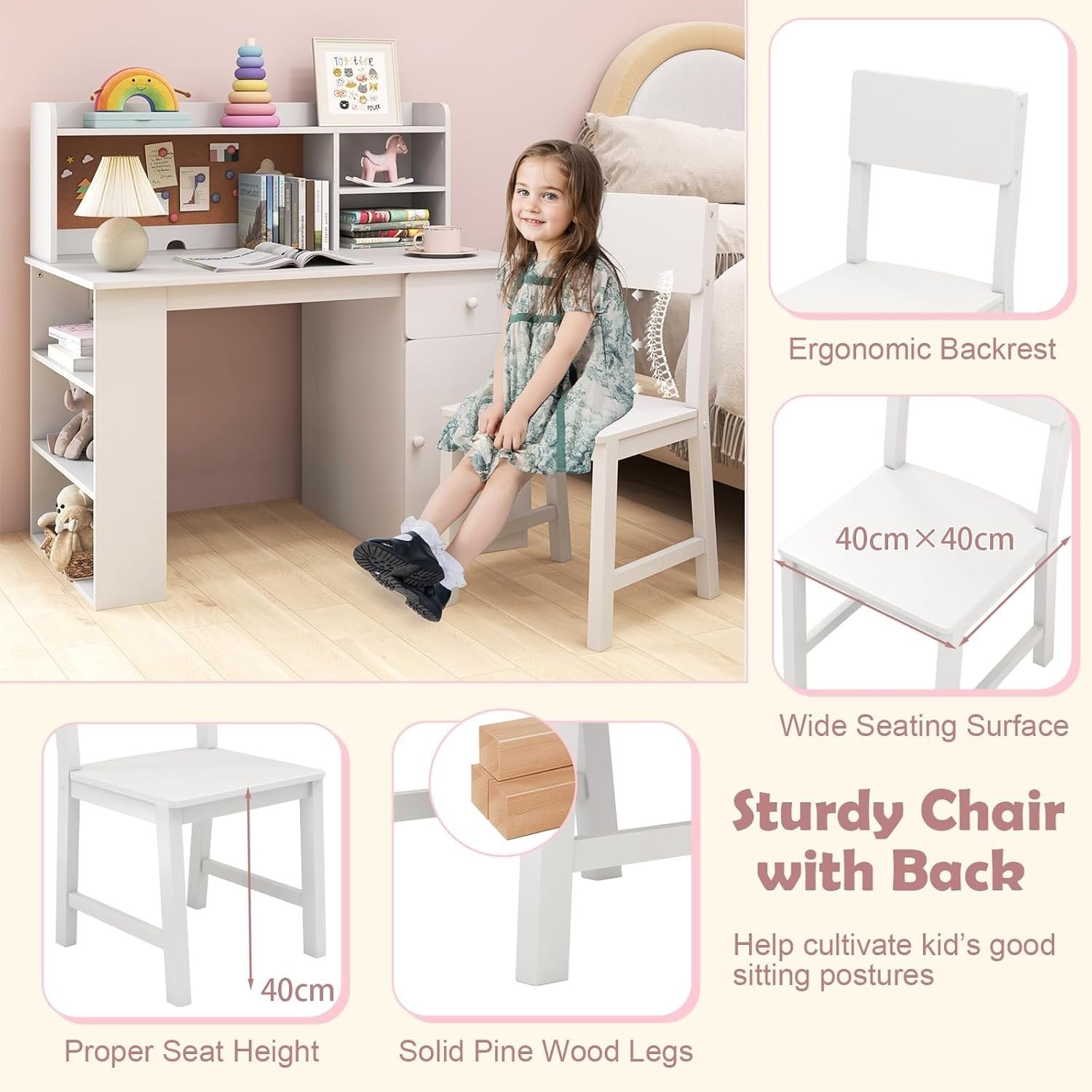 Kids Desk & Chair Set with Storage, Cork Board & Shelves White Study Table