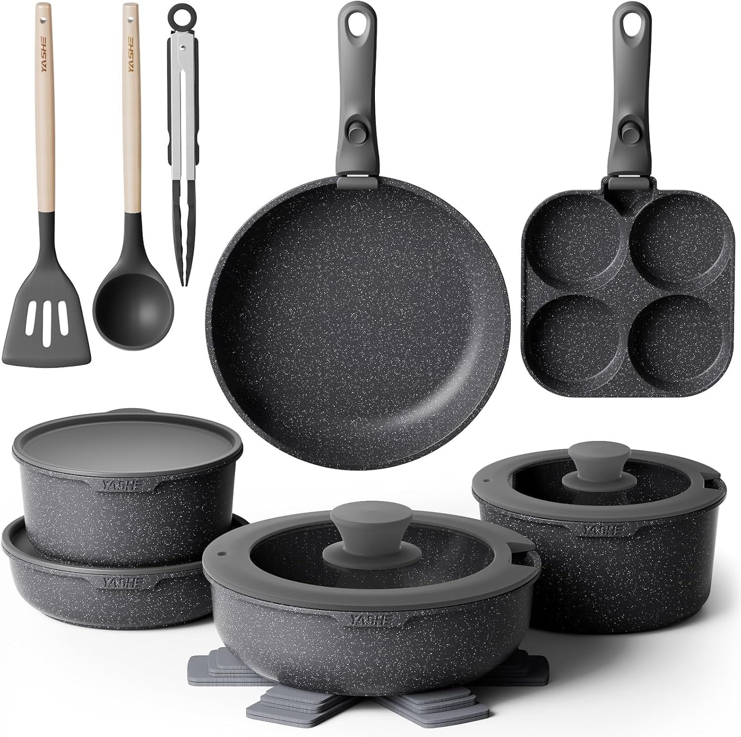 20Pcs Grey Granite Non-Stick Cookware Set with Removable Handles & Glass Lids