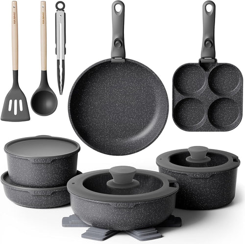 20Pcs Grey Granite Non-Stick Cookware Set with Removable Handles & Glass Lids