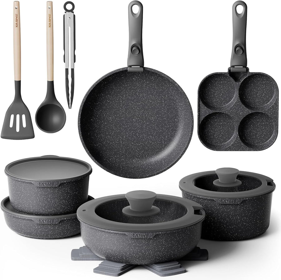 20Pcs Grey Granite Non-Stick Cookware Set with Removable Handles & Glass Lids
