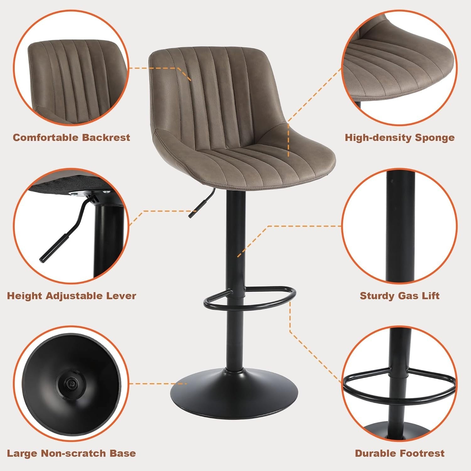 Brown Adjustable Swivel Bar Stools Set of 2 PU Counter Chairs