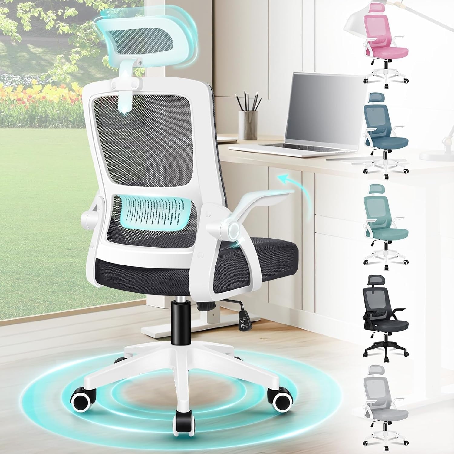 Ergonomic Mesh Office Chair, Adjustable Headrest, Lumbar Support, Flip-Up Arms,