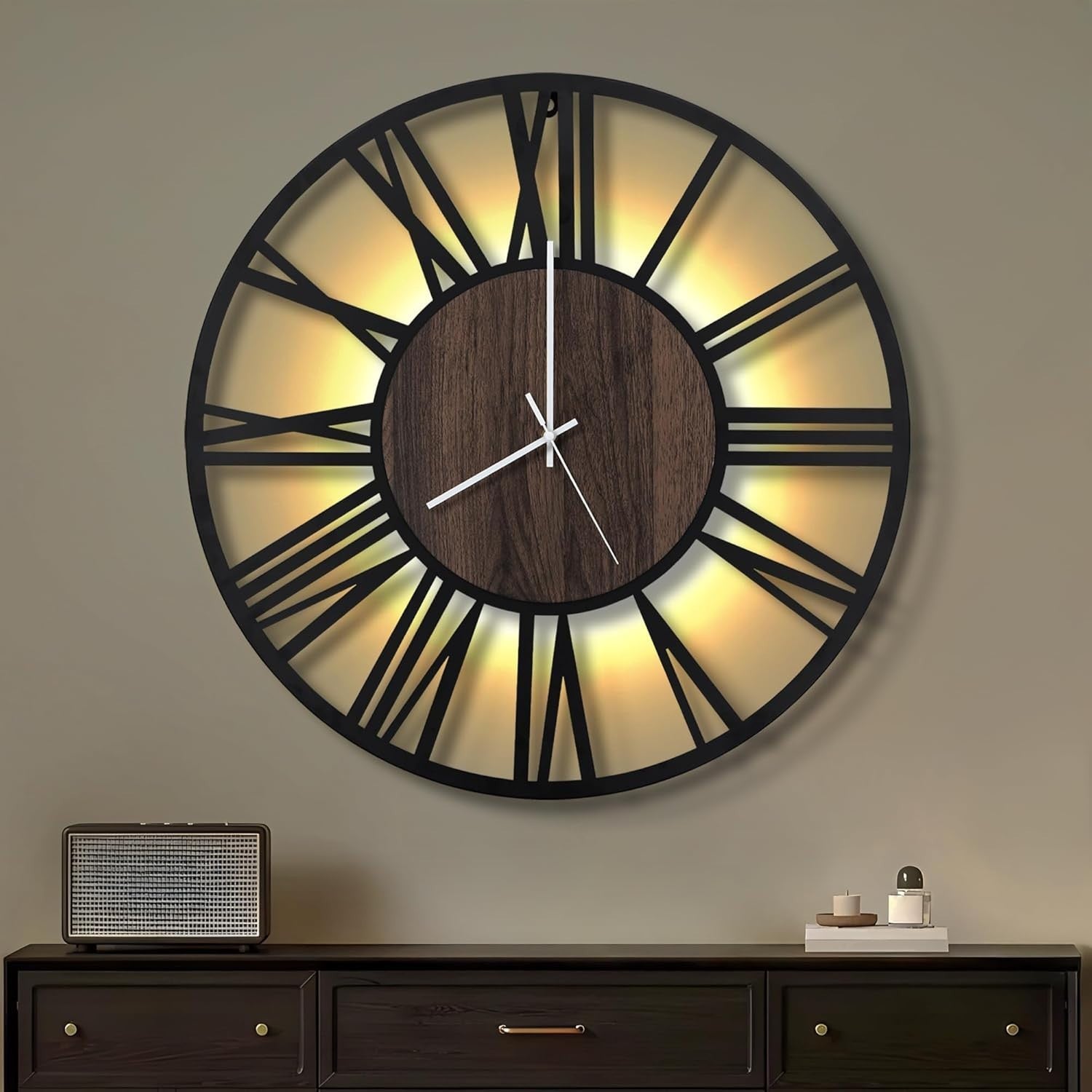 Large 60cm Roman Numeral Wall Clock LED Backlight Silent Modern Decor
