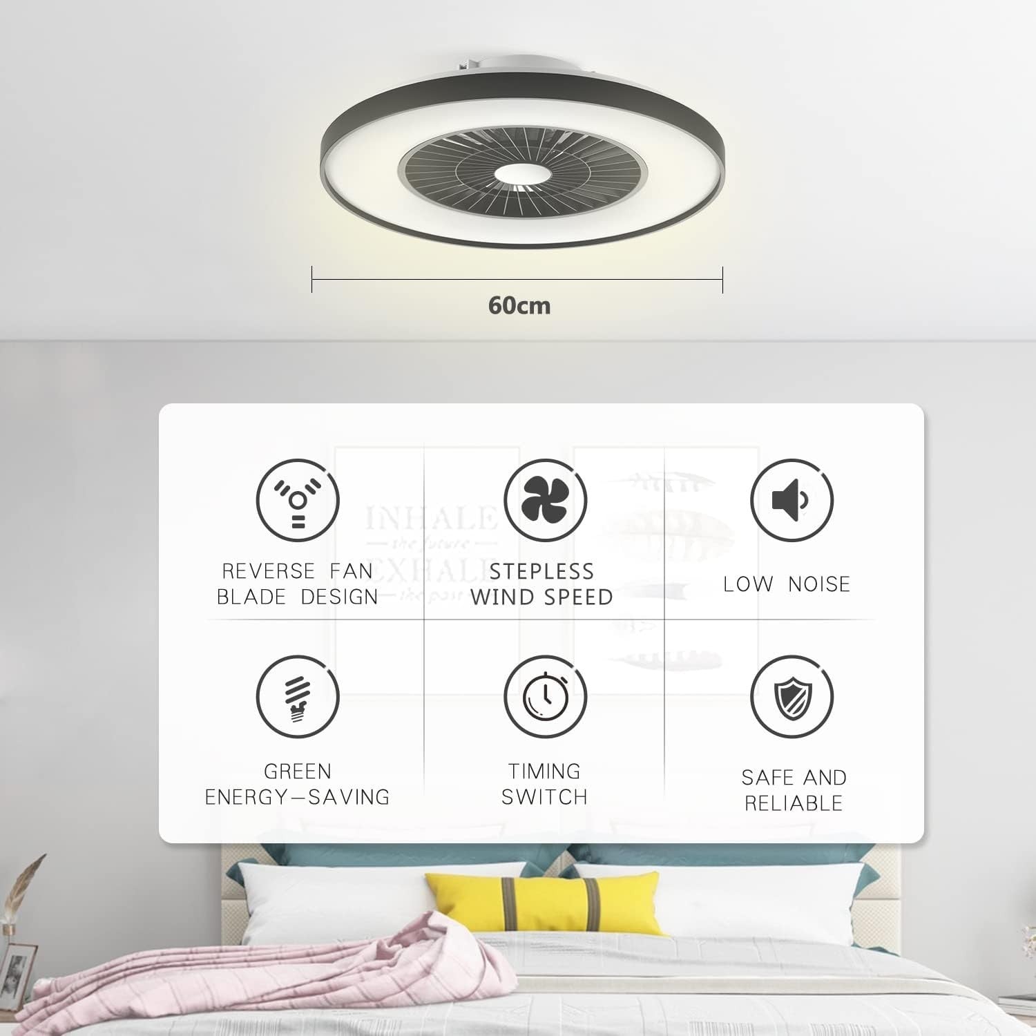 Smart LED Ceiling Fan Light, Stepless Speed, Dimmable 3000-5500K, Black
