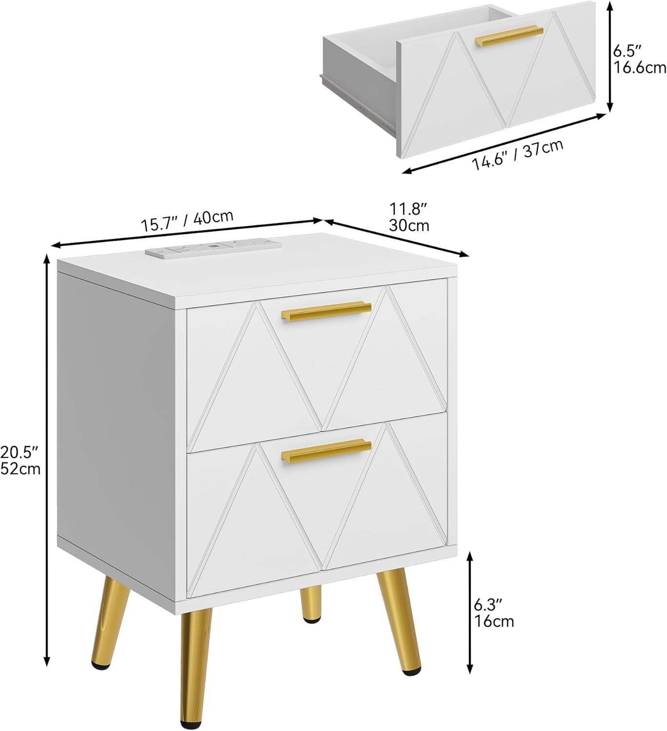 White & Gold 2 Drawer Bedside Table – Modern Nightstand with USB Ports