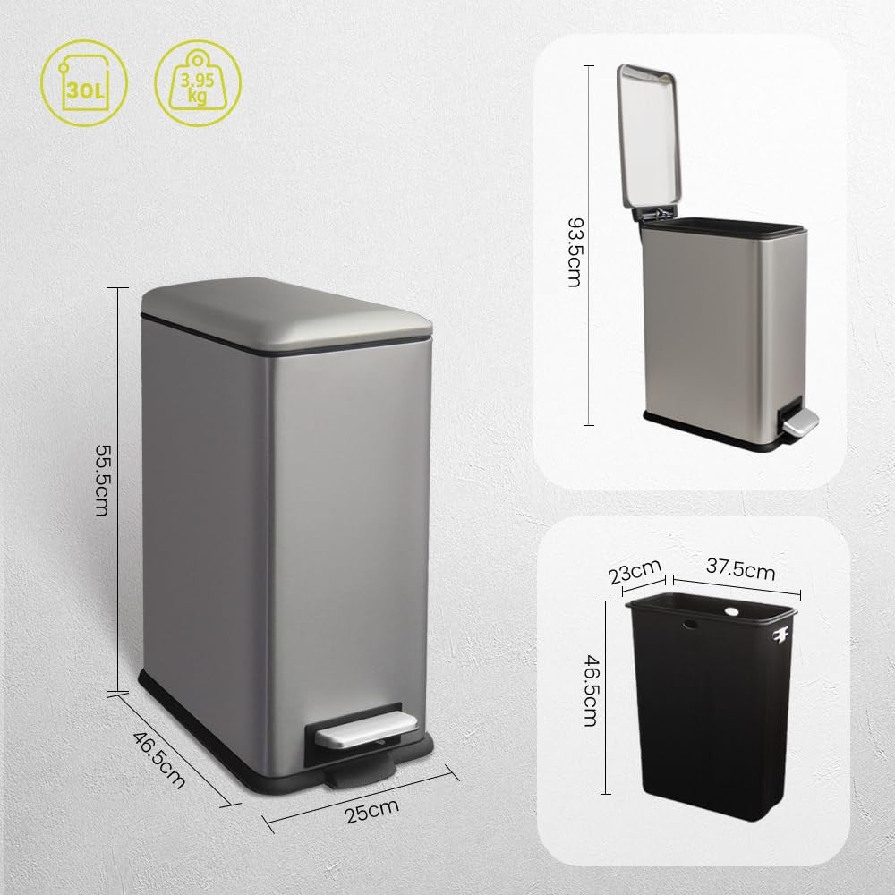 30L Kitchen Pedal Bin Soft Close Stainless Steel Grey
