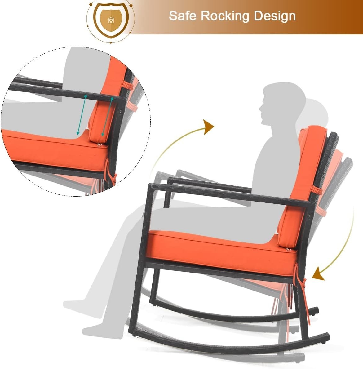 Outdoor Wicker Rocking Chair with Cushions & Armrest for Patio Comfort
