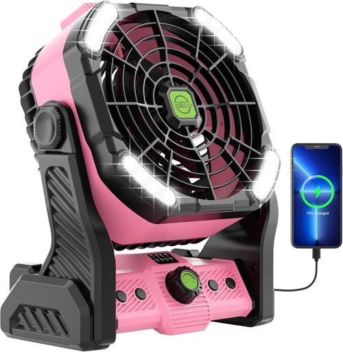 20000mAh Pink Camping Fan – Rechargeable 4-Speed Fan w/ LED Light & 270° Tilt