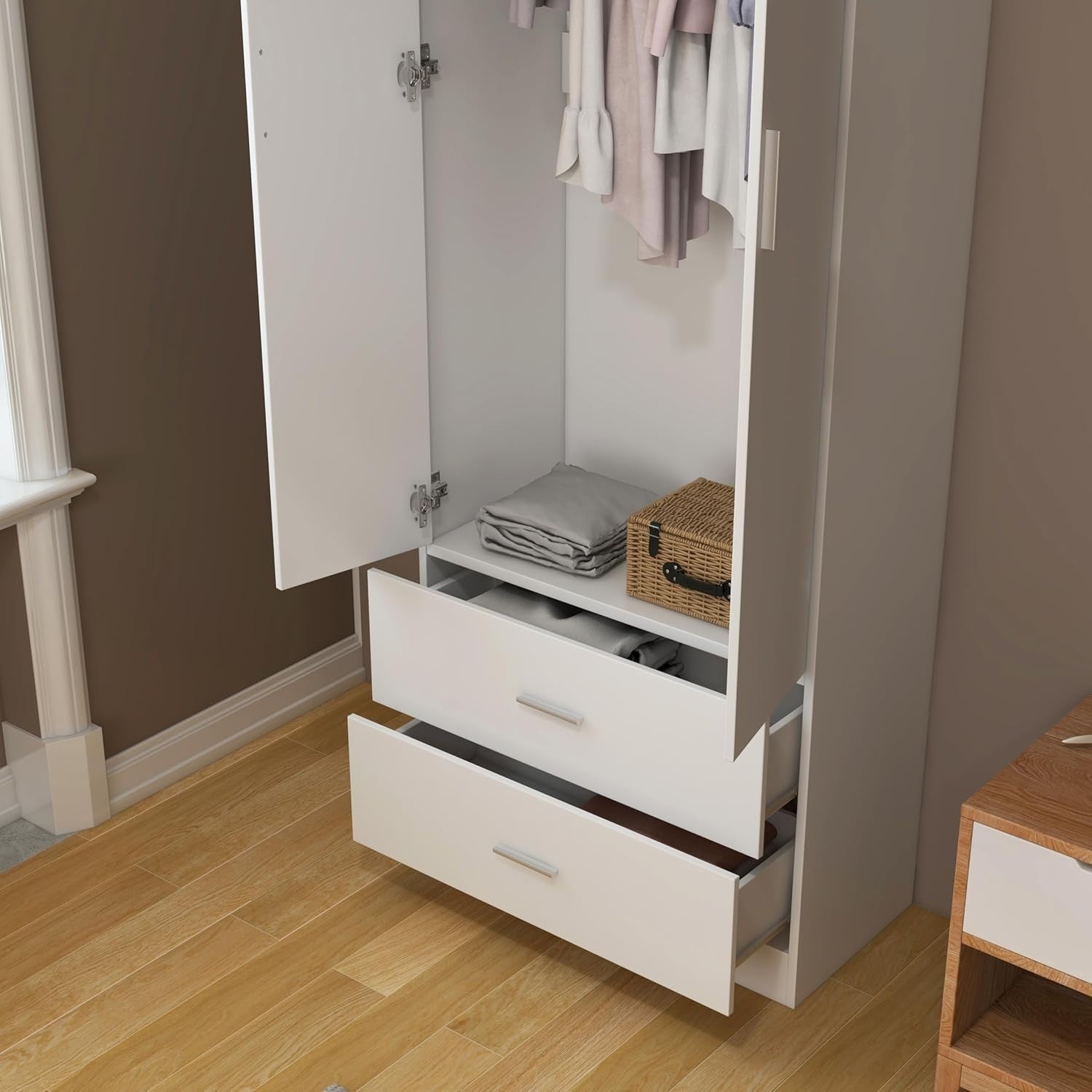 Mirrored 2 Door Wardrobe with Hanging Rail & Drawers - Sturdy, Modern Storage