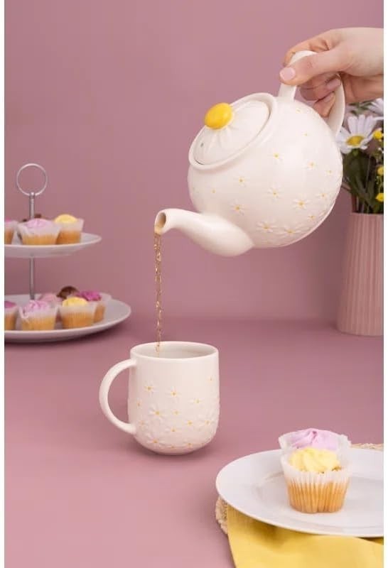 Ceramic Tea Set 3 Piece Teapot Creamer Sugar Bowl Daisy Pattern 1L