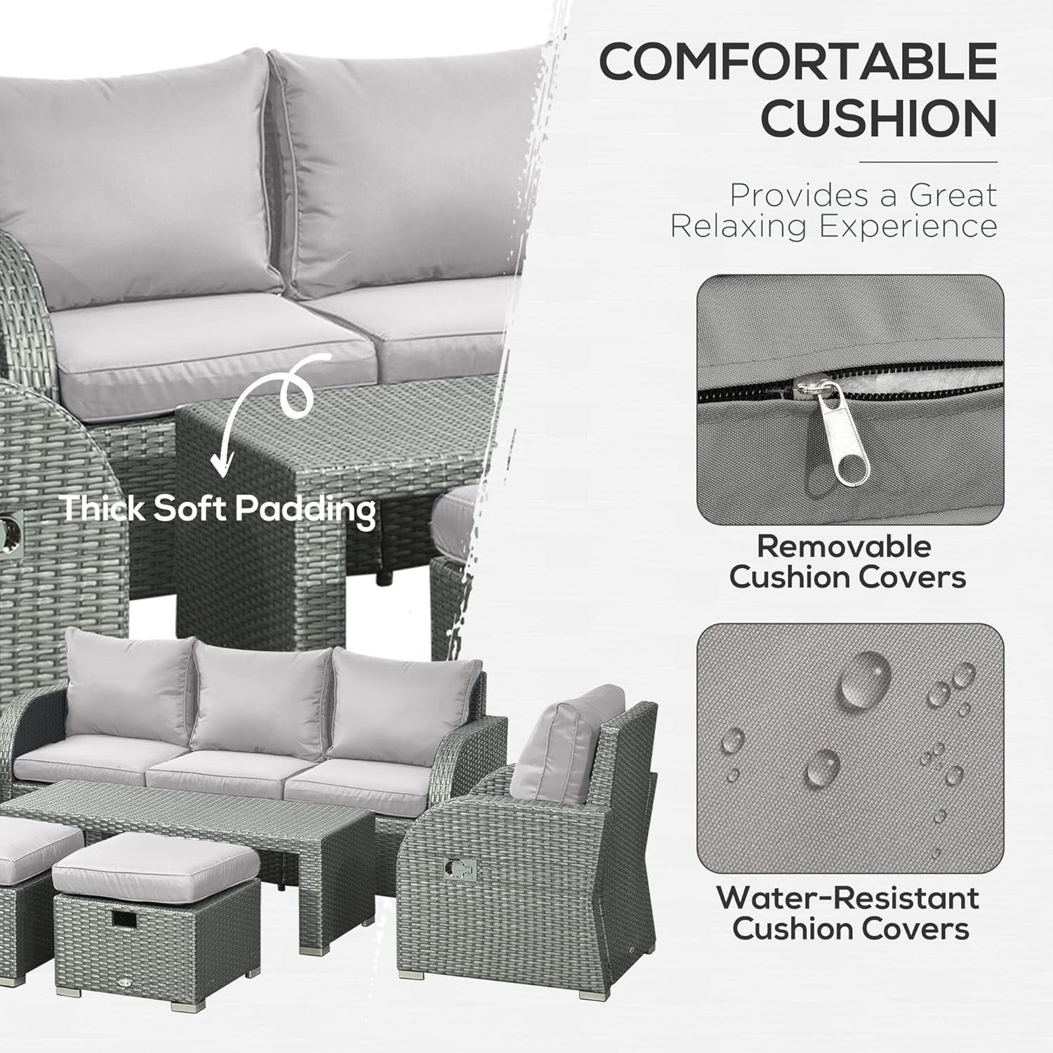6-Piece Outdoor Rattan Sofa Set Reclining Armchairs Coffee Table Footstools