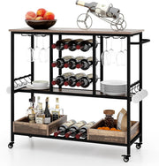 Kitchen Serving Trolley Bar Cart Wine Rack Glass Holder Lockable Wheels