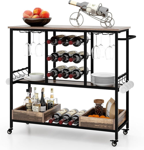 Kitchen Serving Trolley Bar Cart Wine Rack Glass Holder Lockable Wheels