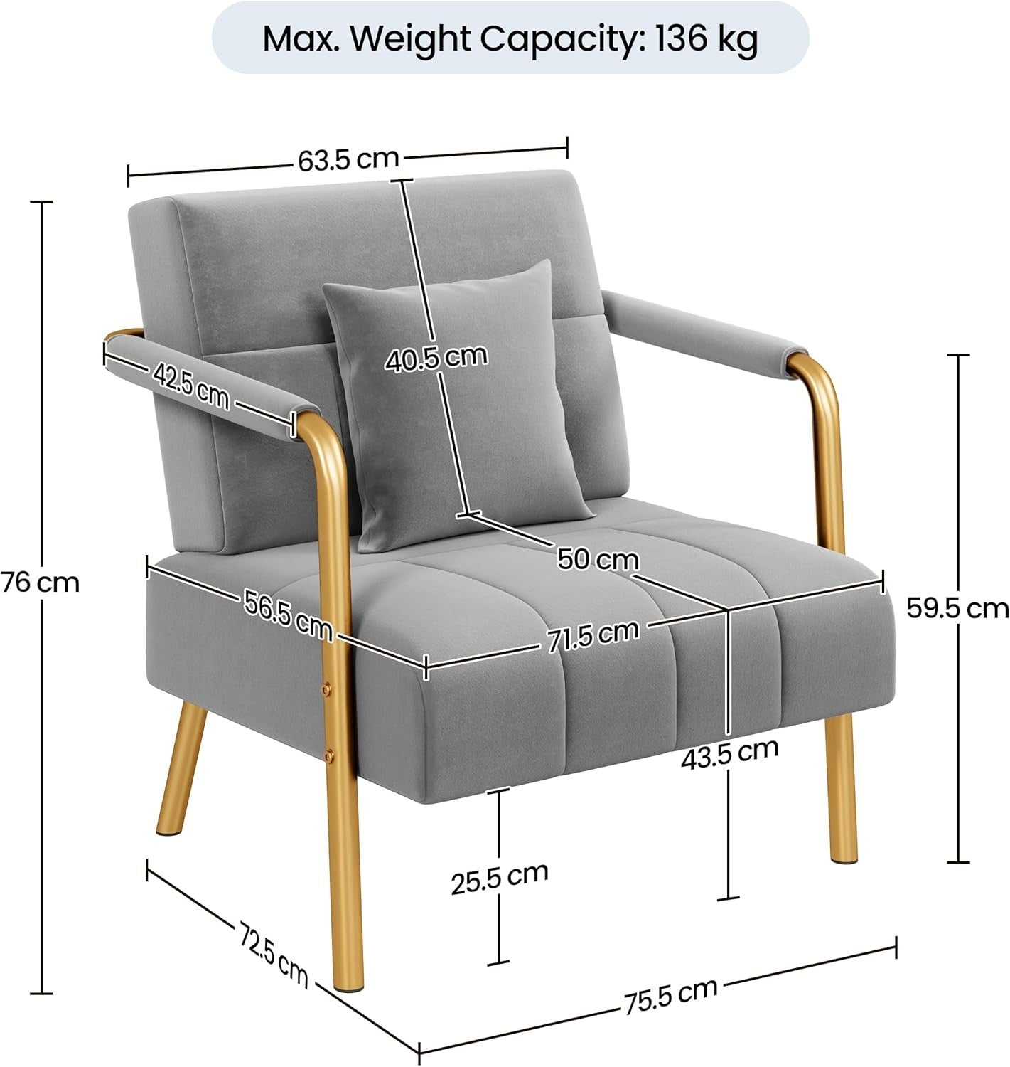 Velvet Accent Tub Chair Gold Legs Armchair w/ Cushion