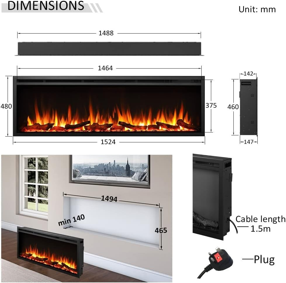 60" Wall Mounted Electric Fireplace Multi Flame Colors 750W-1500W Heat