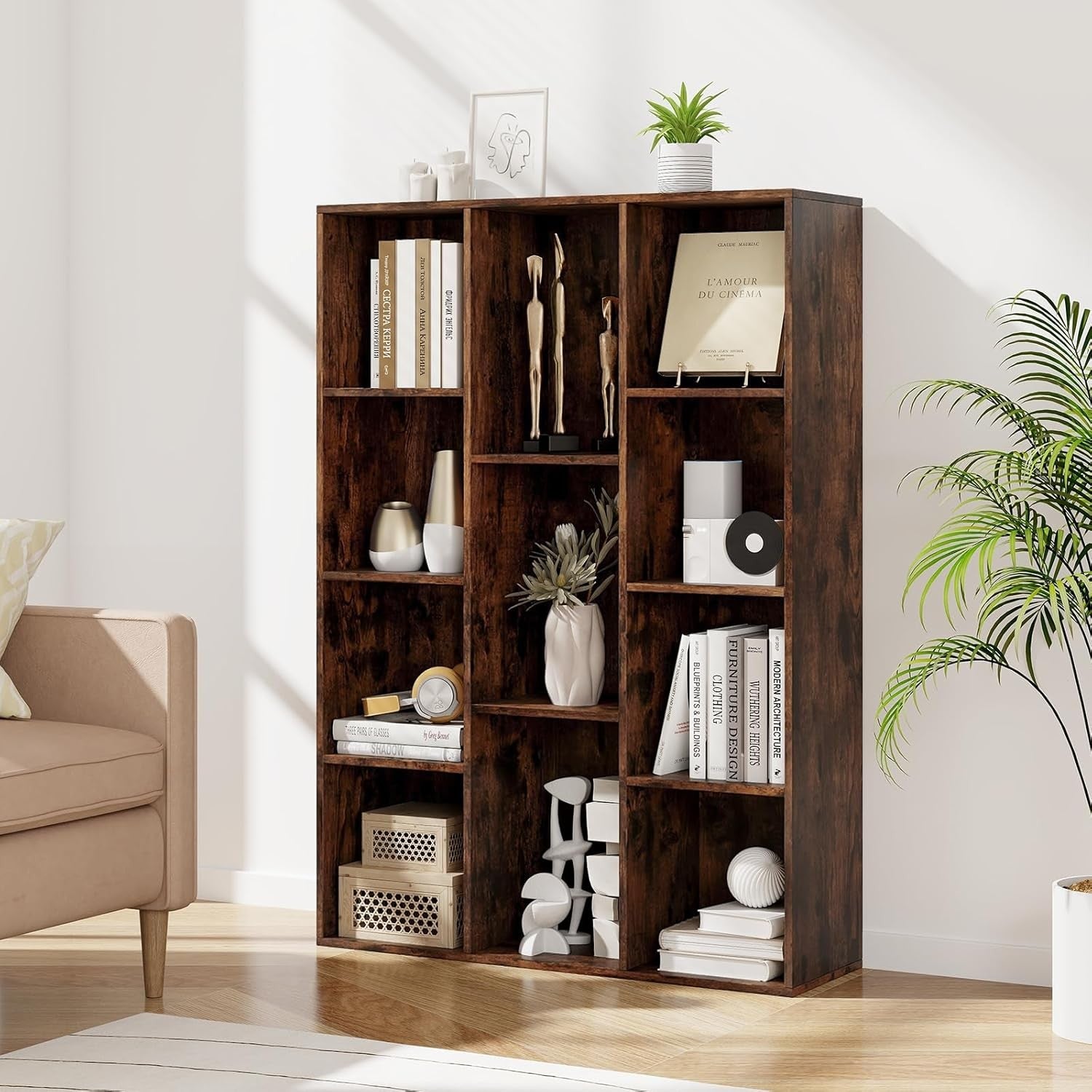 Rustic Brown 11-Cube Bookcase with Shelves & Anti-Tip Safety for Home Office