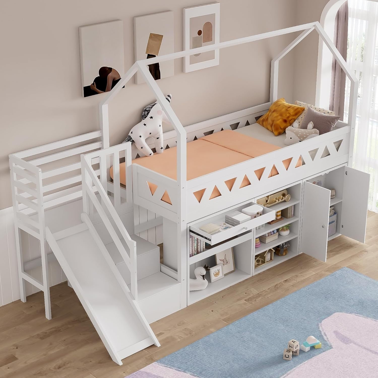 White Wooden Bunk Bed with Slide & Storage Stairs, Kids Loft Frame 90x190