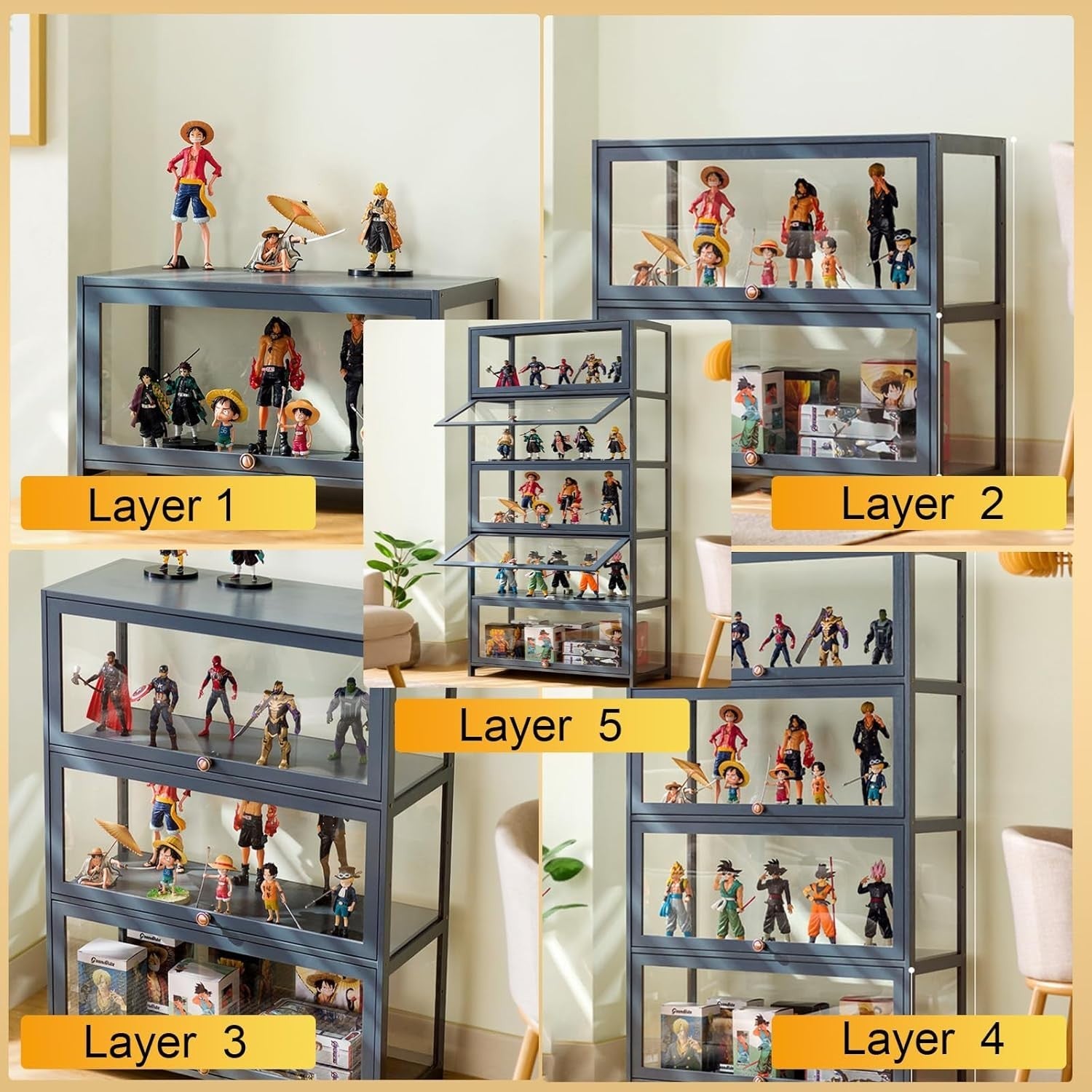 Glass Display Cabinet with Shelves, Lockable Wood Unit for Collectibles