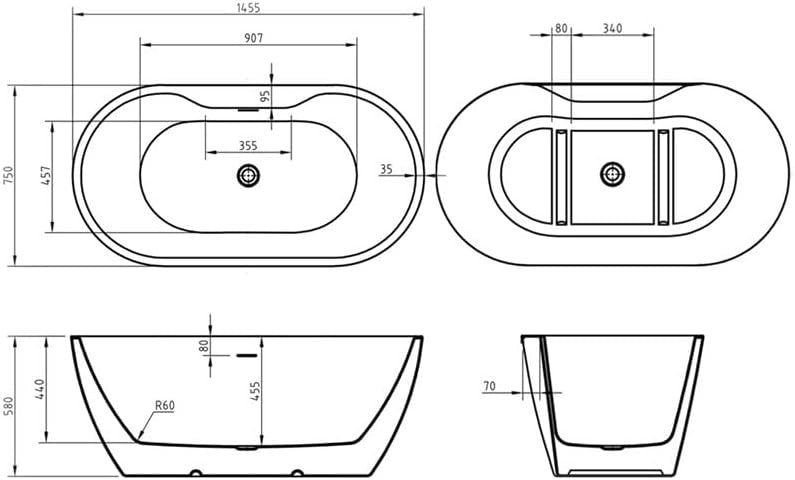 1415x750mm Oval Double Ended Acrylic Bath White Freestanding Soaking Tub