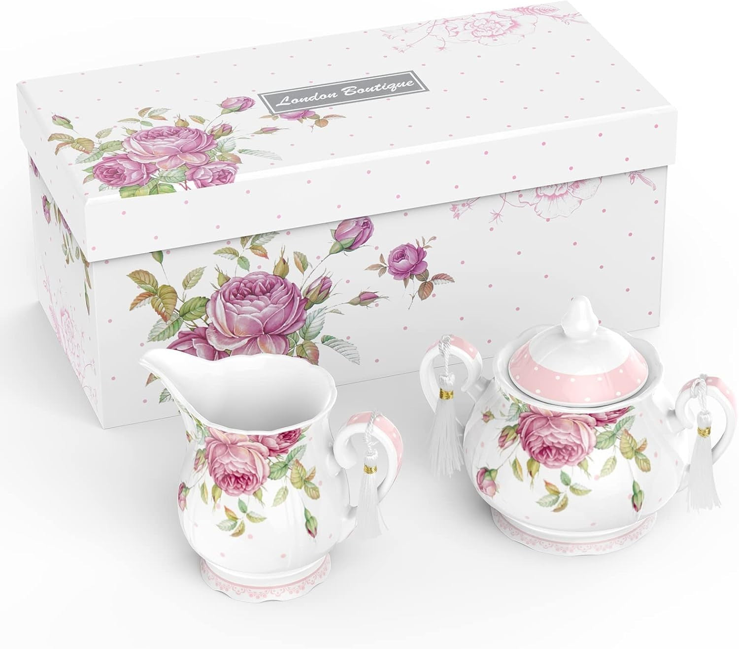 Vintage Floral Milk Jug Sugar Bowl Set Porcelain Tea Table Gift Box