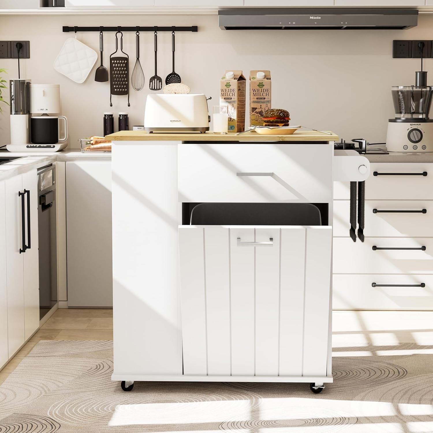 White Rolling Kitchen Island with Tilt-Out Trash Bin, Spice Rack & Towel Bar