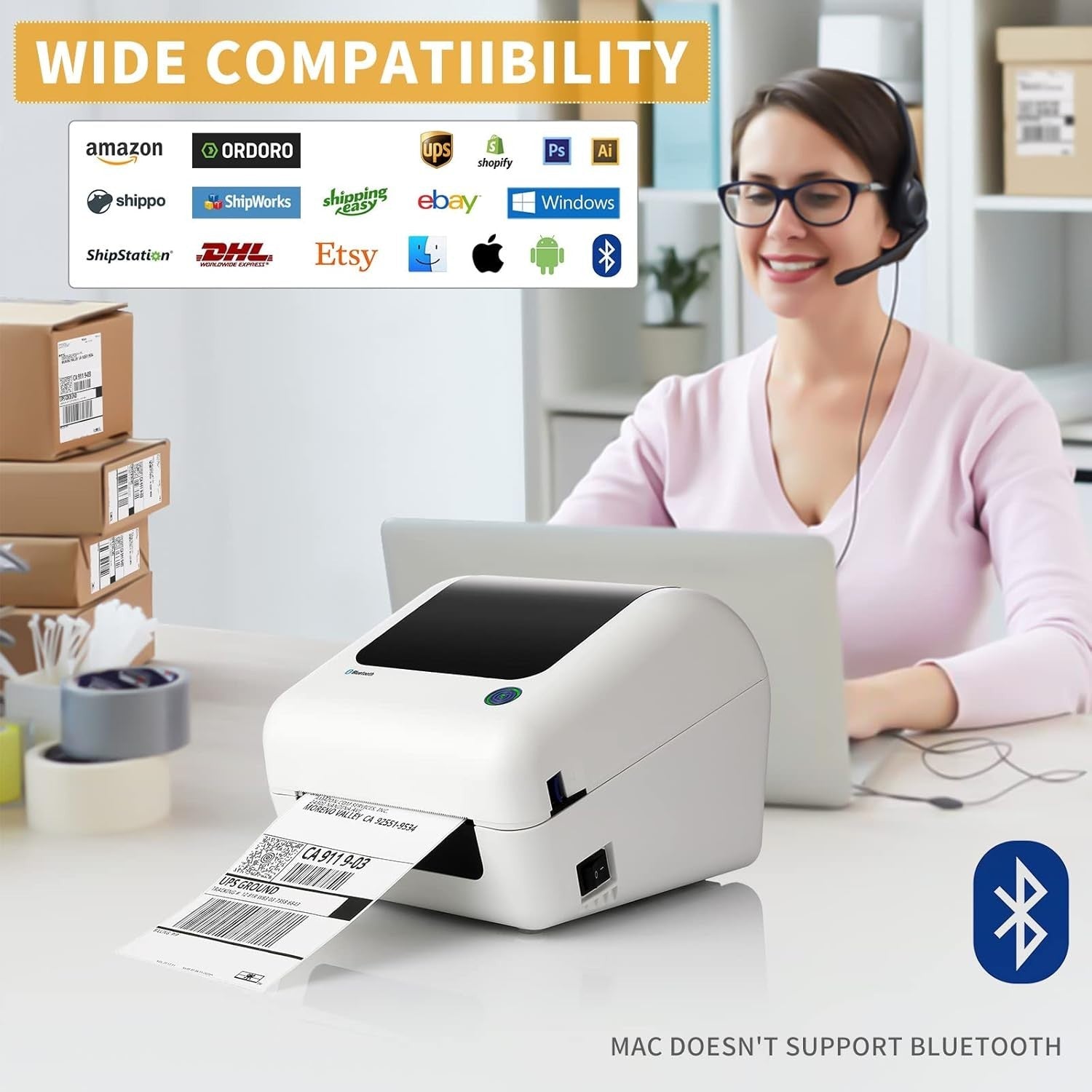 White 4x6 Bluetooth Thermal Label Printer, Wireless Shipping, Portable