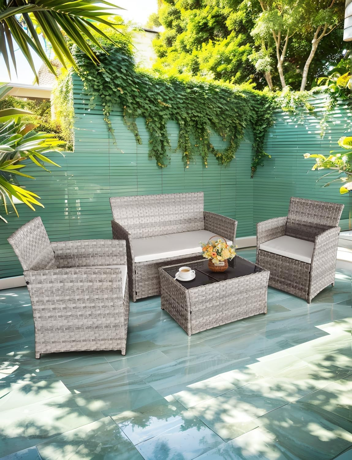 4 Seater Rattan Garden Furniture Set Outdoor Patio Sofa Set with Table