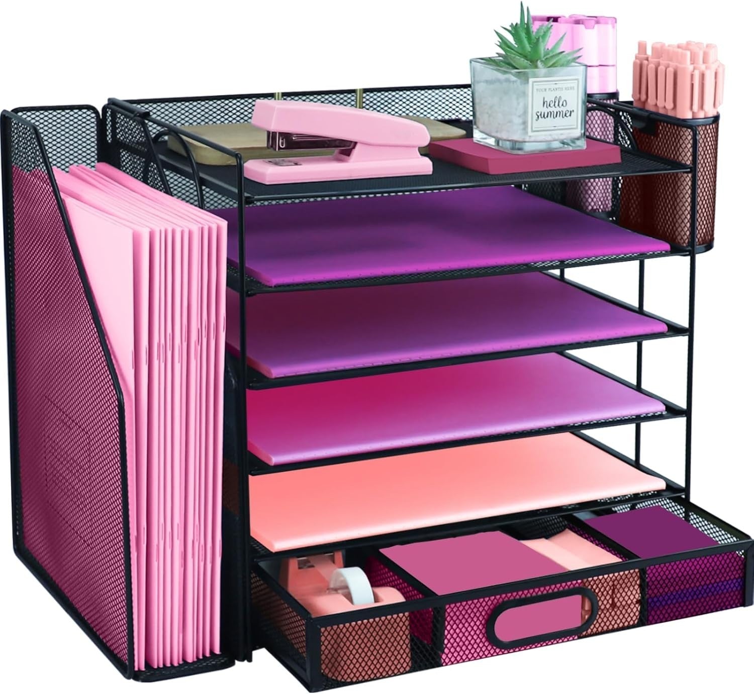 6-Tier Metal Desk Organizer with Drawer Pen Holders File Trays Black