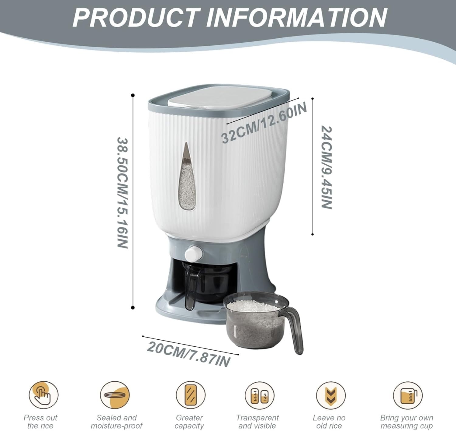10KG Rice Dispenser Moisture Proof Grain Storage Container with Cup