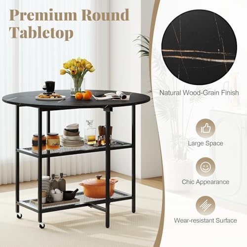 Folding Round Dining Table with Locking Wheels & 2-Tier Shelves Black