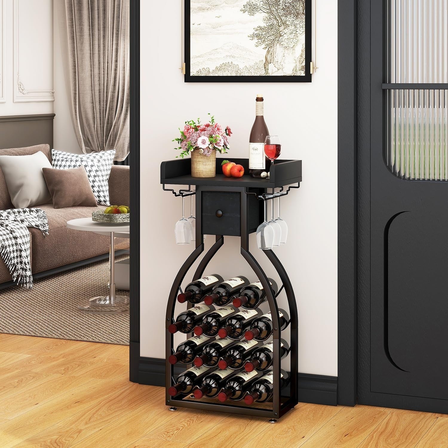 Freestanding Wine Rack 15 Bottle Storage with Glass Holder & Drawer Home Bar