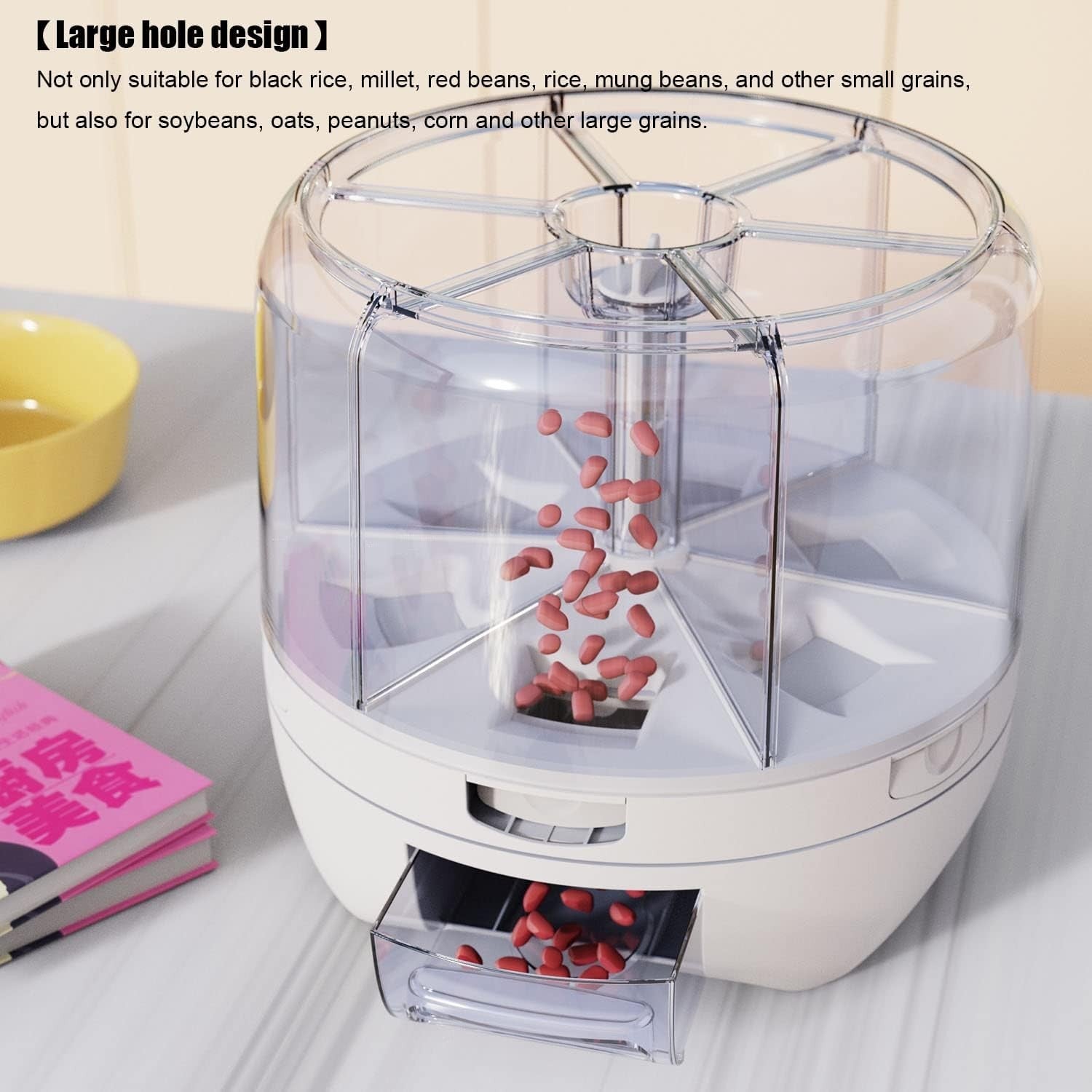 20LBS 360° Rotating Rice Dispenser 6 Grid Airtight Grain Bin