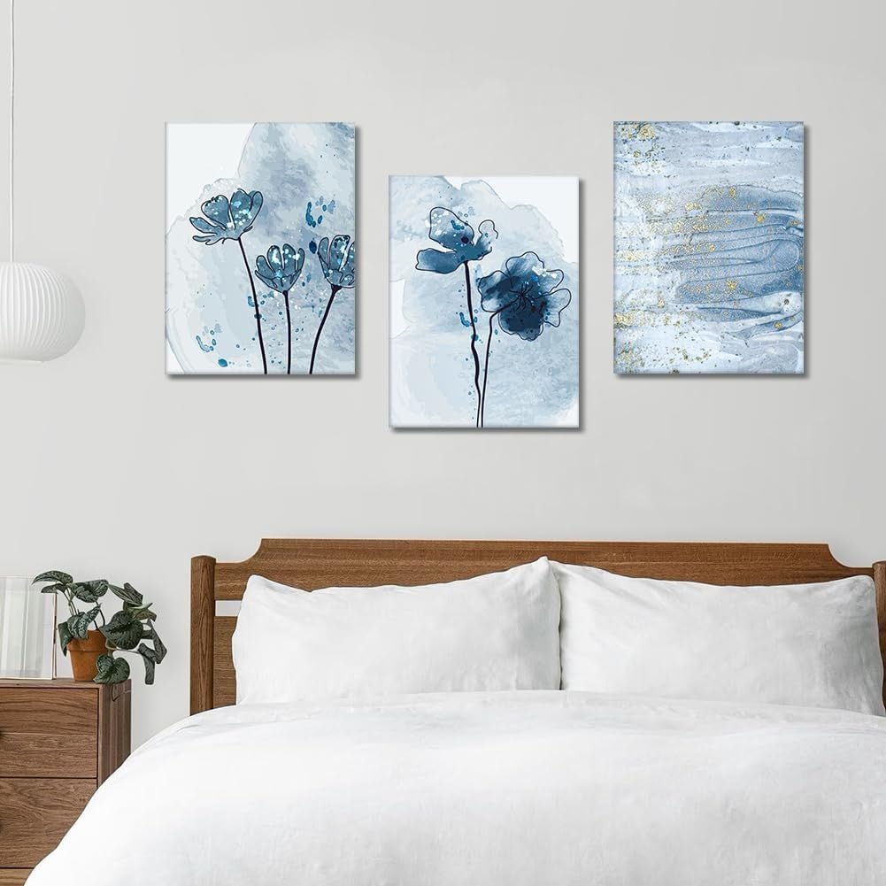 3 Piece Blue Gold Abstract Canvas Wall Art 30x40cm Framed Set