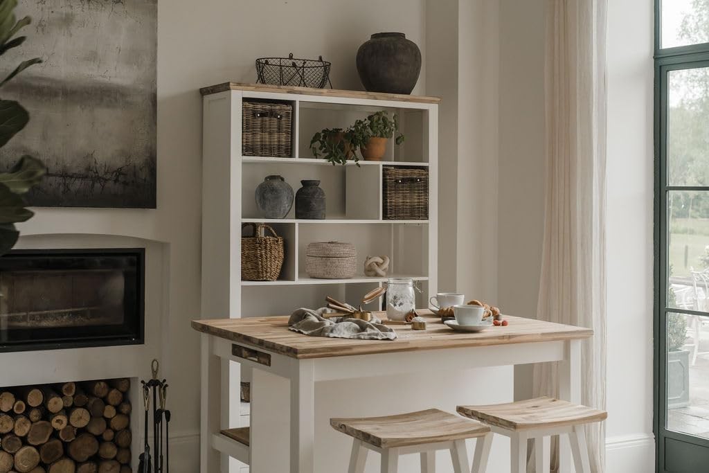 White Kitchen Island 126cm with Shelves, Hidden Tray & Acacia Wood Top Furniture