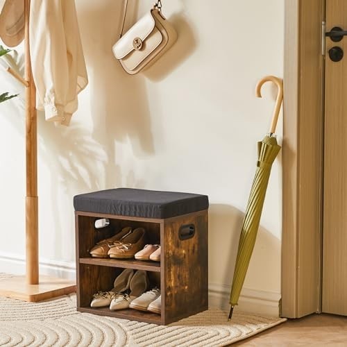 Rustic 2 Tier Shoe Bench with Cushion Adjustable Storage Seat for Entryway
