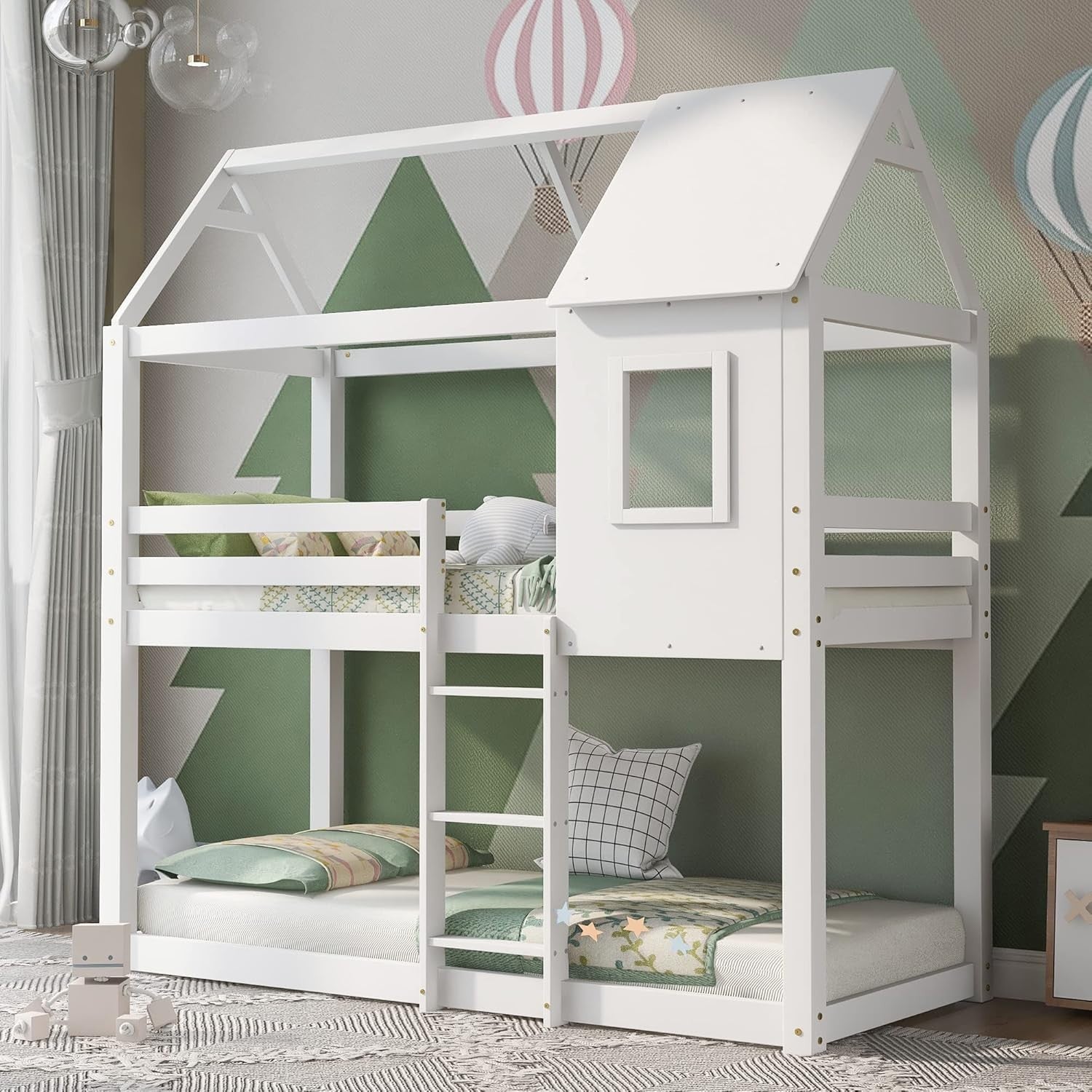 White Kids Bunk Bed w/ Ladder, Roof, Window & Guardrails 90x190cm