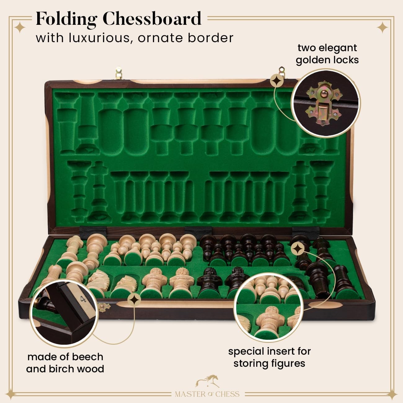 Luxury 65cm Wooden Chess Set • Hand-Carved Pieces • Foldable Board • Deluxe Gift