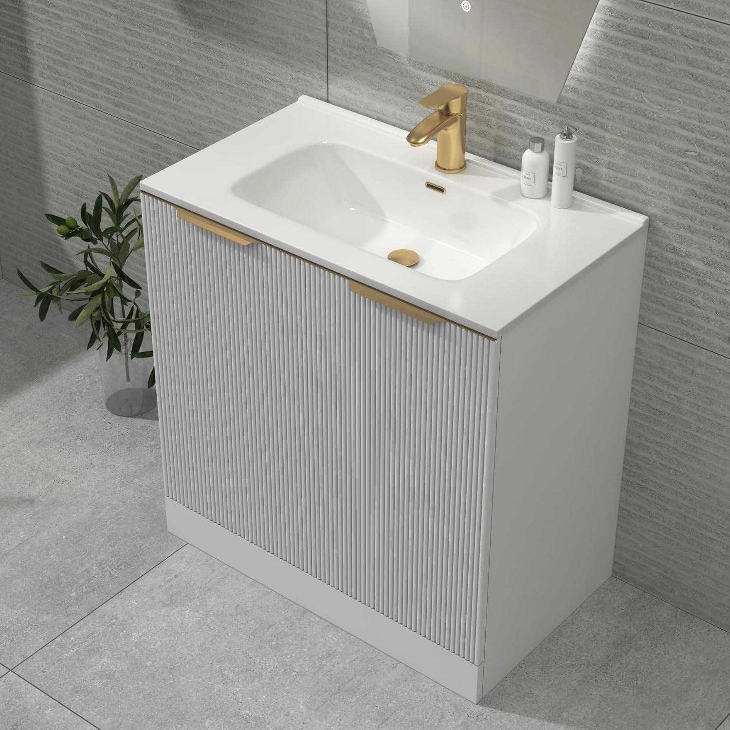 White 800mm Bathroom Vanity Unit with Basin & Brass Handles Floor Standing