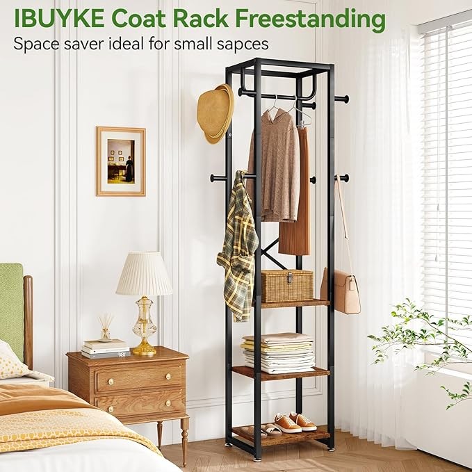 Freestanding Coat Rack with Shelves & Hooks | Industrial Entryway Organizer