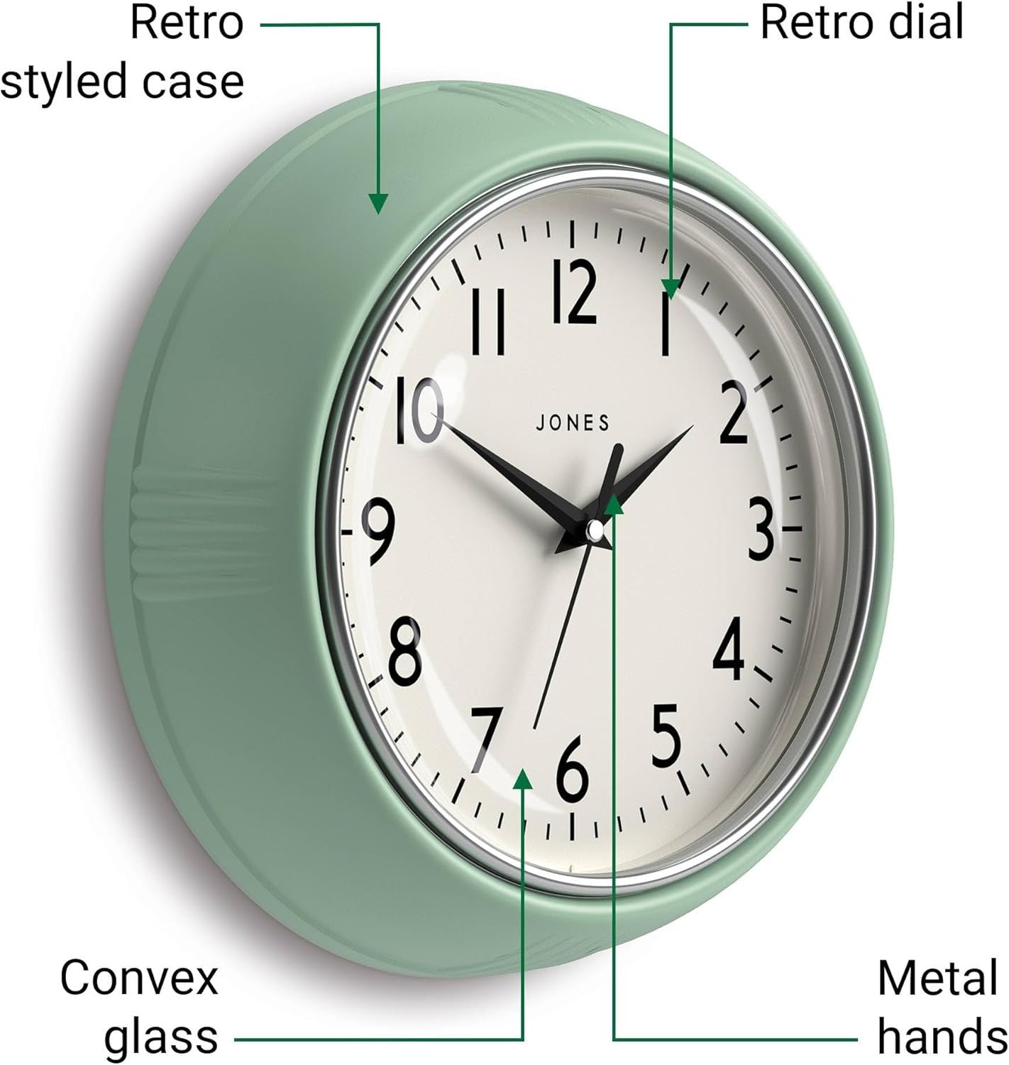 25cm Mint Green Retro Wall Clock Silent Quartz | Easy Read Kitchen Home Decor